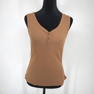Y2K Ribbed Henley Button Tank Top Womens Medium Brown Scoop Neck Vintage Fitted